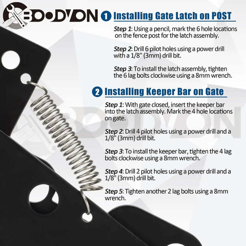 Installation guide for Self Locking Gate Latch For Wooden Fence Heavy Duty Post Mount Automatic Gate Lock with spring detail.