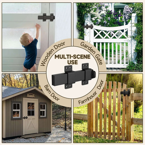 Collage showing Built Tough Gate Latch With Padlock Hole used on wooden door, garden gate, barn door, farmhouse door, rustproof.