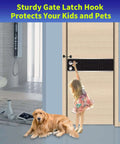 Child reaching high door lock, dog sitting nearby, illustrating safety of heavy duty built tough 4 inch hook and eye latch set.