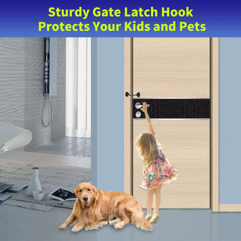 Child reaching high door lock, dog sitting nearby, illustrating safety of heavy duty built tough 4 inch hook and eye latch set.