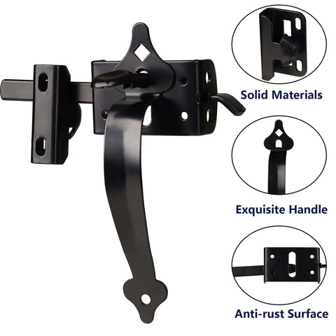 Heavy Duty Gate Latch For Wooden Fence With Self Locking Thumb Latch 8 Inch Handle Steel Black Finish Gate Kit. Easy Install and Durable Hardware