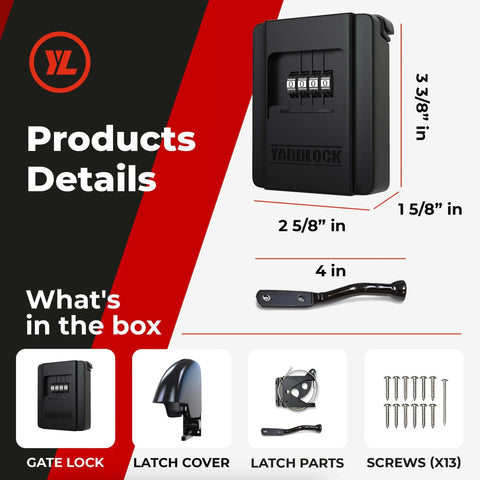 Gate Lock – Secure Keyless Fence Lock and Latch with 2-Way Access; product dimensions and components shown, including latch parts.