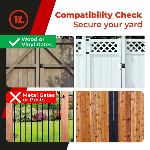 Compatibility check for Gate Lock – Secure Keyless Fence Lock and Latch with 2-Way Access, suitable for wood or vinyl gates, not metal.