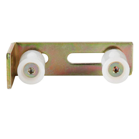 Slide Gate Guide Roller with L Post Bracket, adjustable dual nylon rollers, galvanized steel, front view.
