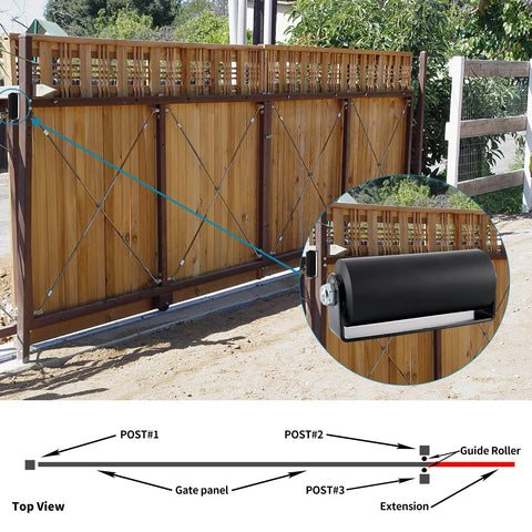 Two Pack Slide Gate Guide Rollers With C Bracket For 6 Inch Gates Nylon Gate Rollers 2.48 Inch Roller Diameter AISI 1045 Steel Bracket With Black Powder Coat Weatherproof Durable Gate Hardware installed on wooden gate