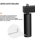 Illustration of a Sliding Gate Roller installation guide with hex wrench, part of the Adjustable Sliding Gate Guide Roller 6 Inch Dual Hard Nylon Rollers with Heavy Duty Steel Bracket Rust Proof Design for Smooth Quiet Sliding Gates Fences Barn Doors and Garages.