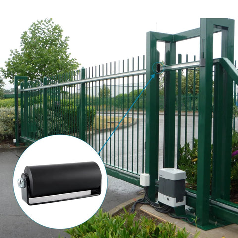 Installed Two Pack Slide Gate Guide Rollers With C Bracket For 6 Inch Gates, showing nylon rollers and steel bracket set