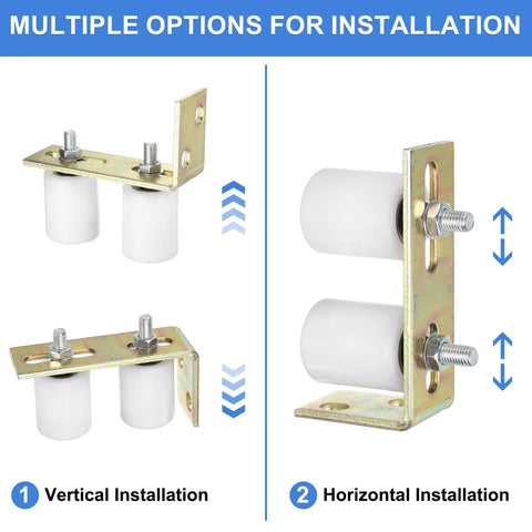 Slide Gate Guide Roller Set With L Shaped Bracket Nylon Rollers Two Inch Diameter And Two And Three Eighths Inch Length Universal Ball Bearing Gate Guider For Sliding Doors White Includes Two Rollers And One Bracket For Smooth Side To Side Gate Roll shown with vertical and horizontal installation options