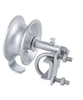 Sliding Gate Rollers For Chain Link Fences Fit One And Seven Eighths Inch Or One And Five Eighths Inch Gate Frames With Rear Pipe Track Wheels Pack Of One Includes A Single U Bolt Durable Heavy Duty Steel Construction For Outdoor Use. Side view of steel gate roller with U-bolt and 5-inch wheel.