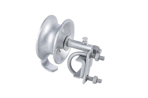 Sliding Gate Rollers For Chain Link Fences Fit One And Seven Eighths Inch Or One And Five Eighths Inch Gate Frames With Rear Pipe Track Wheels Pack Of One Includes A Single U Bolt Durable Heavy Duty Steel Construction For Outdoor Use. Side view of steel gate roller with U-bolt and 5-inch wheel.