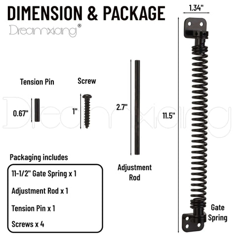 Dimensions and packaging of Beefy Heavy Duty Self Closing Gate Spring For Outdoor Gates Adjustable Tension Gate Closer.