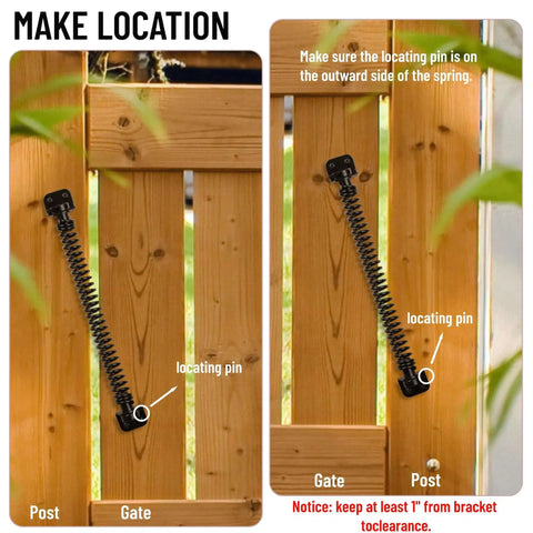 Beefy Heavy Duty Self Closing Gate Spring For Outdoor Gates Adjustable Tension installed on wooden gate with locating pin