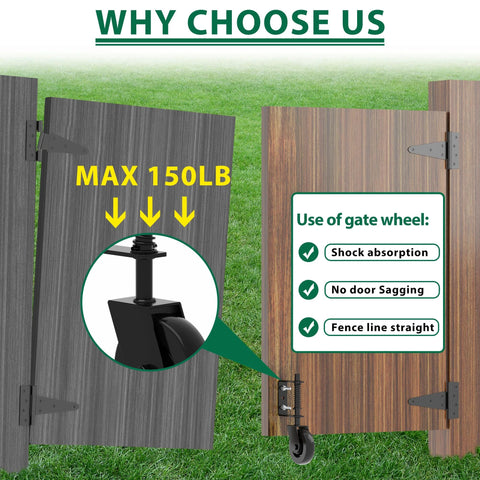 Wooden gate with 4.3 Inch Heavy Duty Gate Wheel With 360 Degree Rotation, Spring Loaded Shock Absorption, and 150 lb capacity