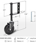 Diagram of 4 Inch Heavy Duty Gate Wheel With Spring Loaded Caster For Uneven Ground Outdoor Gate Helper For Wooden And PVC Fences 360 Degree Swivel Gate Caster Kit 220 Lbs Capacity 2 Pack For Farm Use, dimensions shown.