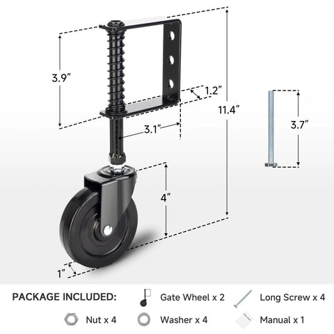 Diagram of 4 Inch Heavy Duty Gate Wheel With Spring Loaded Caster For Uneven Ground Outdoor Gate Helper For Wooden And PVC Fences 360 Degree Swivel Gate Caster Kit 220 Lbs Capacity 2 Pack For Farm Use, dimensions shown.