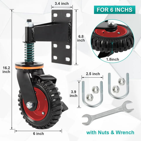 Six Inch Gate Wheels With Brake For Metal Swing Tube Gates And Wooden Fence Gates, Spring Loaded Vertical Spring For Height Compensation