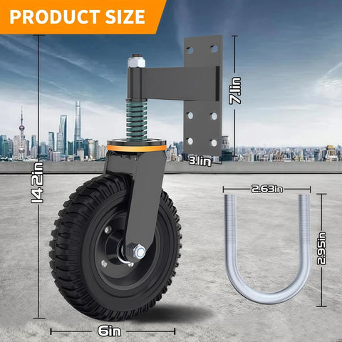 6 Inch Gate Wheel With Iron Frame And Solid Rubber Wheel For Wood And Metal Gates, 600 Lb Weight Capacity, yellow upgrade with dimensions