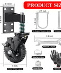 Two Pack 6 Inch Fence Gate Wheels With Brake For Metal Or Wood Gates Heavy Duty Gate Casters Sliding Hardware 500 Pound Capacity 360 Degree Rotation Spring Loaded Includes Mounting Hardware And Gloves, showing product dimensions and included accessories.