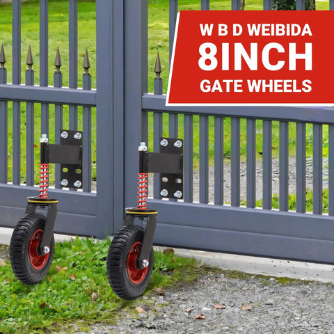 Heavy Duty Gate Wheel With 8 Inch Wheel 600 Lbs Capacity Shock Absorbing Spring Swivel Gate Wheels installed on metal gate