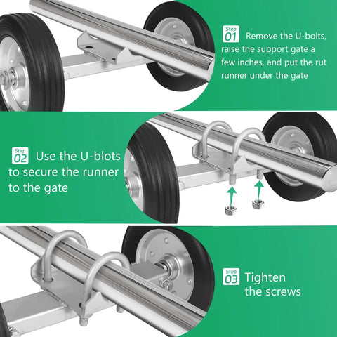 Installation instructions for 8 Inch Heavy Duty Gate Wheel With Hard Rubber Tread And Adjustable Steel U Bolts showing steps to mount on gate.