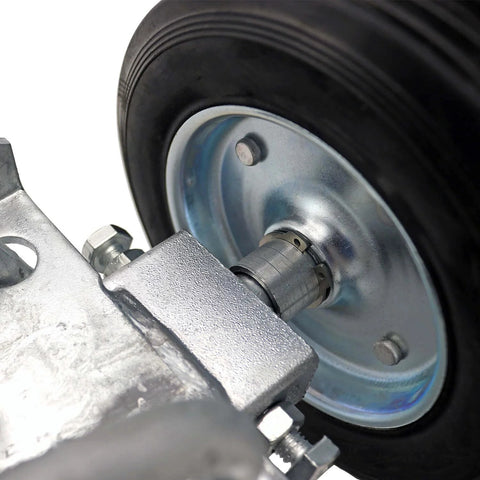Close-up of a rolling gate wheel carrier with 6 inch rubber wheel and galvanized steel bracket for chain link fences and sliding gates.