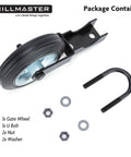 Heavy Duty Gate Wheel Caster Kit For Chain Link Fence Swing Gates Fits One And Five Eighths To Two Inch Gate Frames With Rubber Tire Wheel And Solid Steel Plate Black Powder Coat Finish For Outdoor Use showing gate wheel, U bolt, nuts, and washers.