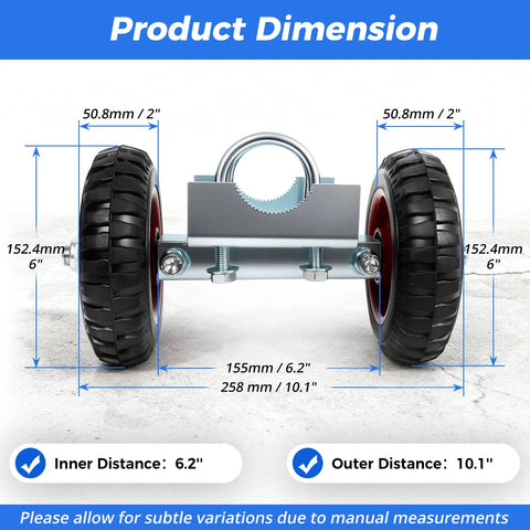 Heavy Duty Gate Wheel Set With Rubber Carriers And Adjustable Double U Bolts For Driveway Fences, front view dimensions