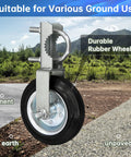 Heavy duty fence gate wheel with metal frame, suitable for 1-5/8 to 2 inch frames, on various ground types, 800 lb capacity.