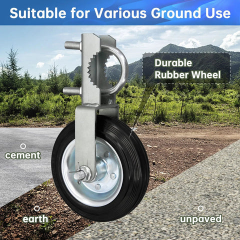 Heavy duty fence gate wheel with metal frame, suitable for 1-5/8 to 2 inch frames, on various ground types, 800 lb capacity.