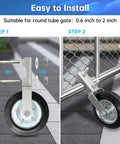 2 Pack Gate Wheel For Metal Swing Gate With 1-5/8 To 2 Inch Frames shown in installation process on chain link fence