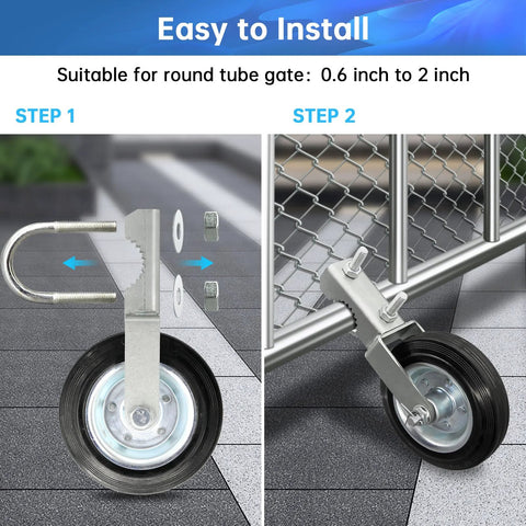 2 Pack Gate Wheel For Metal Swing Gate With 1-5/8 To 2 Inch Frames shown in installation process on chain link fence