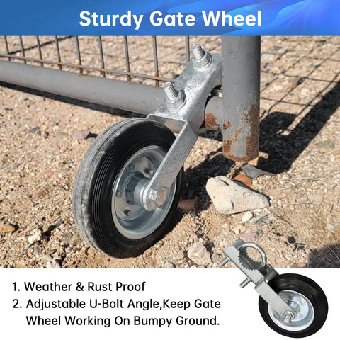 2 Pack Gate Wheel For Metal Swing Gate With 1-5/8 To 2 Inch Frames, Heavy Duty Fence Gate Wheel, installed on metal gate