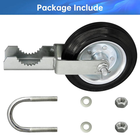 Package contents of 2 Pack Gate Wheel For Metal Swing Gate With 1-5/8 To 2 Inch Frames, including wheel, U-bolt, washers, and nuts.