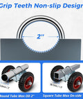 Heavy Duty Gate Wheel Set With Rubber Carriers And Adjustable Double U Bolts For Driveway Fences, shows metal tubes and wheels.