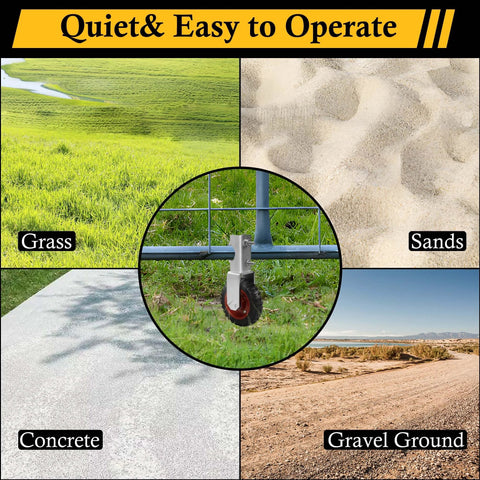 6 Inch Gate Wheel Set For Farm Gates, 2 Pack Gate Support Wheels installed on grass, sand, concrete, and gravel surfaces.