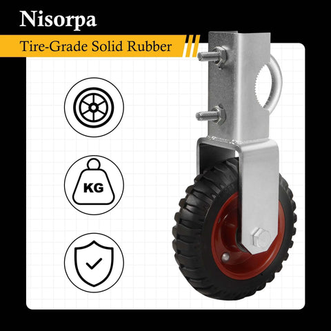 Close-up of 6 Inch Gate Wheel Set For Farm Gates, 2 Pack Gate Support Wheels With Adjustable 1-3/8 To 2-1/2 Inch Gate Use, Under Mount Caster
