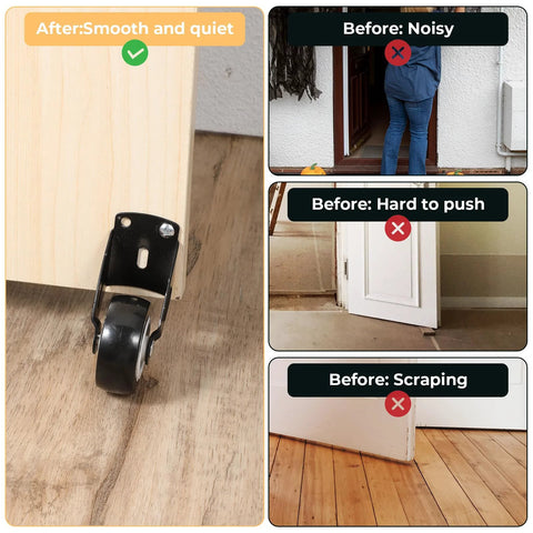 4 Pack Gate Wheels With Anti Friction Casters For Vertical Mount Door Bottom Gates Support For Garden Gates Fence And Furniture Such As Tables Sofas And More Two Inch Heavy Duty Metal Gate Casters installed on door with smooth movement compared to noisy and scraping doors without them.