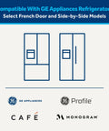 Diagram showing compatibility of XWFE Refrigerator Water Filter with GE Appliances, Profile, Café, and Monogram French door and side-by-side models.