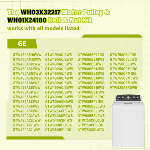 Washer Motor Pulley And Belt Kit One Half HP With Nut For GE Models Replacement Part 4975025 4455970 WH03X32217 WH01X24180 list