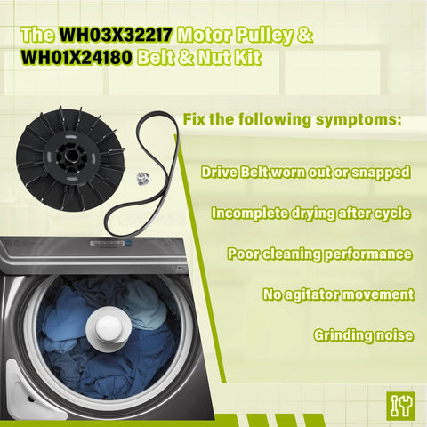 Washer Motor Pulley And Belt Kit One Half HP With Nut For GE Models Replacement Part 4975025 4455970 WH03X32217 WH01X24180