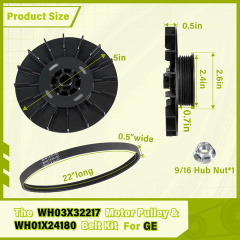 Washer Motor Pulley And Belt Kit One Half HP With Nut For GE Models Replacement Part 4975025 4455970 WH03X32217 WH01X24180