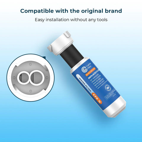 Replacement Water Filter For GE XWFE With Built In CHIP Compatible With XWFE And XWF Refrigerator Systems, side view with package details