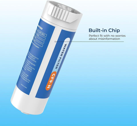 Replacement Water Filter For GE XWFE With Built In CHIP shown in blue packaging on white background