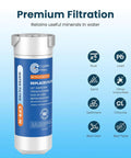 GE XWFE replacement water filter with chip, showing premium filtration, reducing rust, lead, chlorine, and bad odor on blue background.