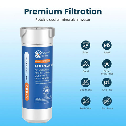 GE XWFE replacement water filter with chip, showing premium filtration, reducing rust, lead, chlorine, and bad odor on blue background.