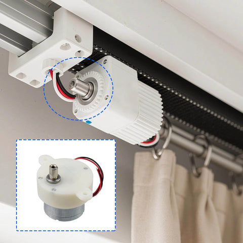 Gear Motor 10 mm 5Rpm installed in curtain system, showing strong housing and smooth mesh for industrial use, focus on power transmission efficiency.