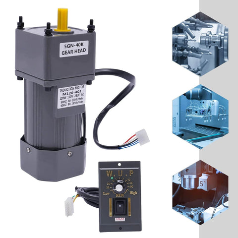 ✝️ Gear Motor 12 mm Shaft Size 1-Pack Gear Motor 40K Electric, shown with control panel and machinery application examples.