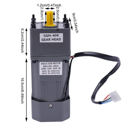 5GN-40K gear motor with 12 mm shaft size showing measurements, suitable for rotary equipment in agricultural and industrial systems.