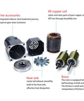 Components of Electric Gear Motor 110V 90W 5K with Speed Controller, showing rotor, stator, heat sink, and copper coil.