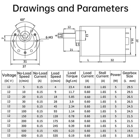Gear Motor 0.24 in x 0.55 in Shaft Size 1-Pack 12V Motor 100Rpm High technical drawings and specifications chart